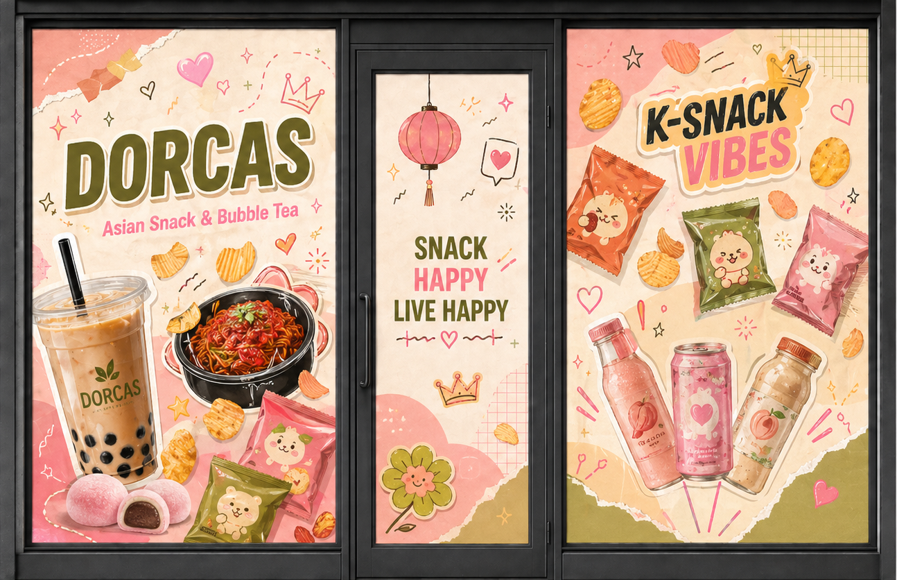 DORCAS storefront window design with bubble tea and Asian snacks